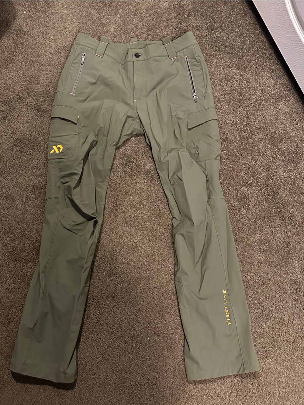First Lite Olive Green Technical Cargo Pants with Yellow Accents